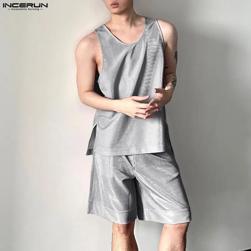 Mens Fashion Top - INCERUN Men's Sets Shiny Solid O-neck