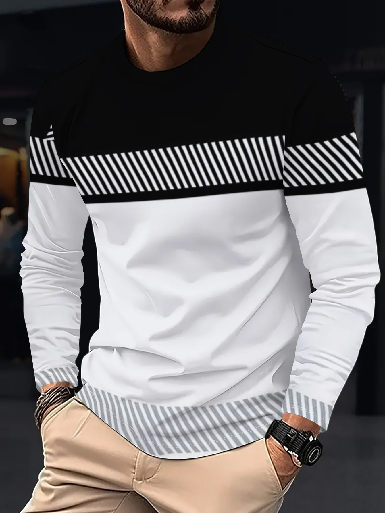 Mens Fashion Top - Men's geometric print casual long-sleeve, urban